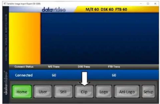 MT Switcher Image Import Export (SK-300) datavideo M/E 60 DSK 60 FTB 60 Connect Status ME Trans DSL Trans FTB Trans Connected 60 60 Home User Still Clip Logo Ani-Logo Setup