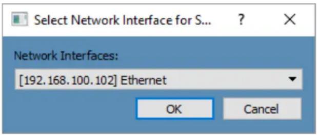 Select Network Interface for S... Network Interfaces: [192.168.100.102] Ethernet OK Cancel