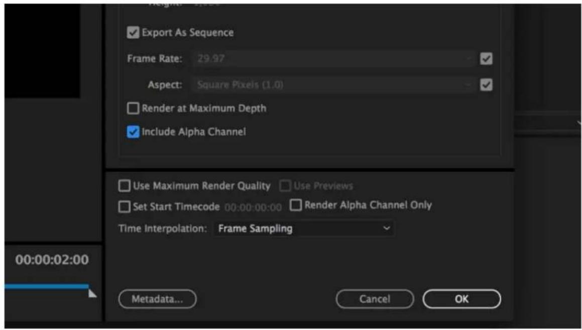 Export As Sequence Frame Rate: 29.97 Aspect: Square Pixels (1.0) Render at Maximum Depth Include Alpha Channel Use Maximum Render Quality Use Previews Set Start Timecode 00:00:00:00 Render Alpha Channel Only Time Interpolation: Frame Sampling 00:00:02:00 Metadata... Cancel OK