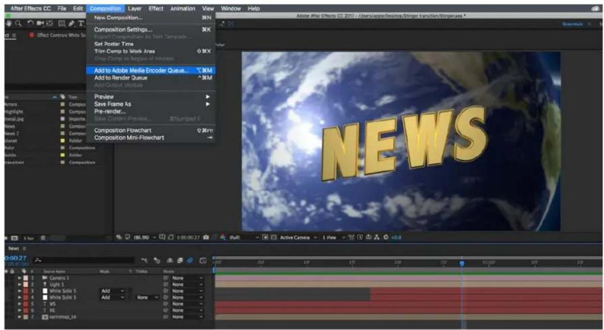 After Effects CC File Edit Composition Layer Effect Animation View Window Help New Composition... Composition Settings... English Clip/WordArt Text Tempacts... Set Poster Time Trim Camps to Work Area Drop Clamp at Imagelet Internet... Add to Adobe Media Encoder Queue... NM Add to Render Queue NM Add Output Module Preview Save Frame As Pre-render... Save Content Preview... Untamped C Composition Flowchart Composition Mini-Flowchart NEWS 0:00:27 0:00:27 1. Camera 1 2. Light 1 3. White Solid 5 Add None 4. White Solid 5 Add None 5. T WS 6. T RE 7. wannmap_1k