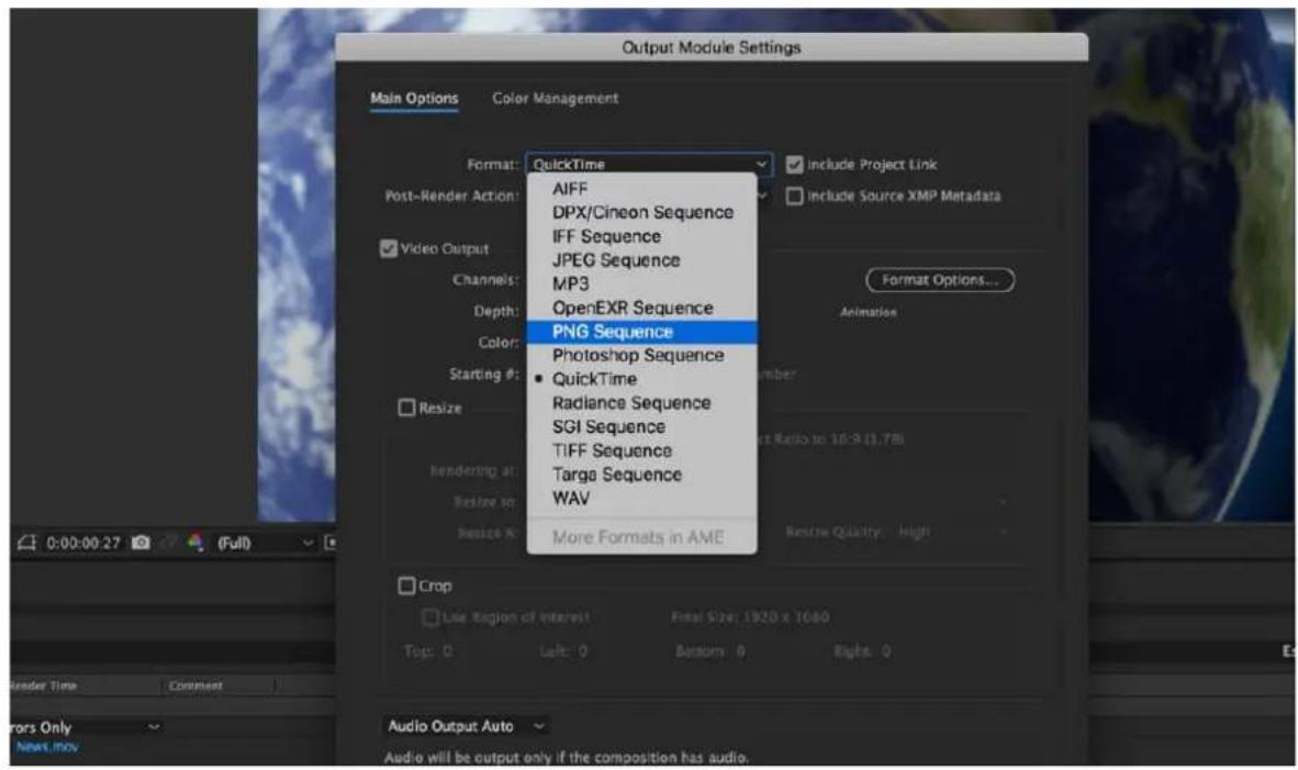 Output Module Settings Main Options Color Management Format: QuickTime AIFF DPX/Cineon Sequence IFF Sequence JPEG Sequence MP3 OpenEXR Sequence PNG Sequence Photoshop Sequence • QuickTime Radiance Sequence SGI Sequence TIFF Sequence Targa Sequence WAV More Formats in AME Include Project Link Include Source XMP Metadata Video Output Channels: Depth: Color: Starting # Resize Rendering at: Resize to: Resize K: Animation 0:00:00:27 (Full) Crop Use Region of interest Final Size: 1920 x 1080 Top: 0 Left: 0 Bottom: 0 Right: 0 Audio Output Auto News.mov