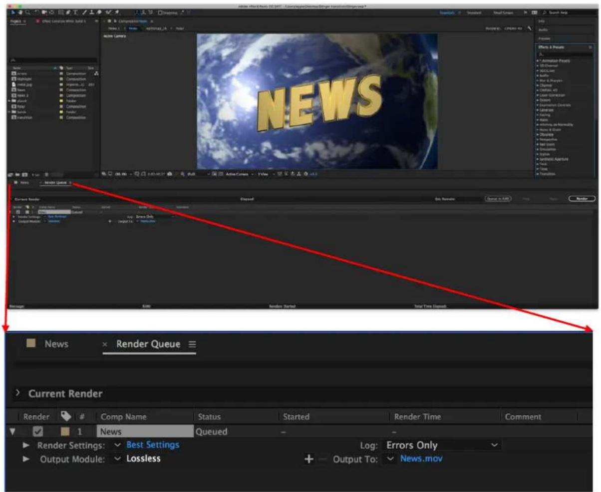 NEWS Current Render News × Render Queue ≡ Current Render Render # Comp Name Status Started Render Time Comment 1 News Queued Render Settings: Best Settings Log: Errors Only Output Module: Lossless + Output To: News.mov