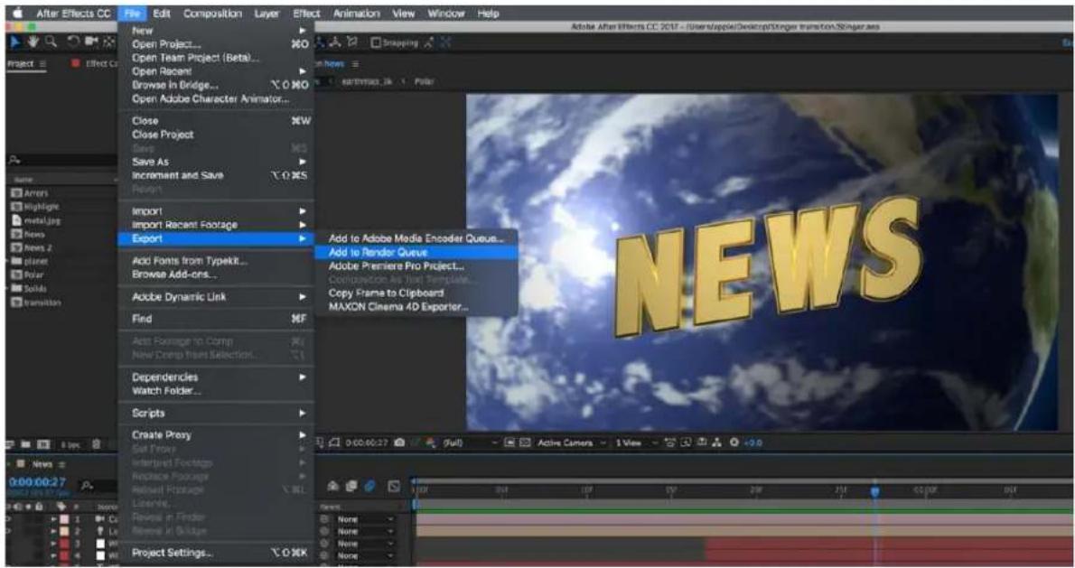 After Effects CC File Edit Composition Layer Effect Animation View Window Help New Open Project... Open Team Project (Beta)... Open Recent Browse in Bridge... Open Adobe Character Animator... Close Close Project Save As Increment and Save Export Import Import Recent Footage Export Add Fonts from Typekit... Browse Add-ons... Adobe Dynamic Link Find Add Footage to Comp New Comp from Selection... Dependencies Watch Folder... Scripts Create Proxy Set Proxy Interpret Footages Replace Footages Retired Postages Libraries... Revolve in Finder Remove in Guide Project Settings... Snapping Add to Adobe Media Encoder Queue... Add to Render Queue Adobe Premiere Pro Project... Configuration As Just Template... Copy Frame to Clipboard MAXON Cinema 4D Exporter... NEWS 0:00:00:27 (Full) Active Camera 1 View -0.0