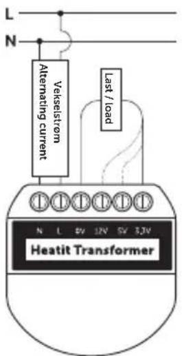 L N Vekselstrom Alternating current Last / load N L 5V 12V 5V 3JV Heatit Transformer
