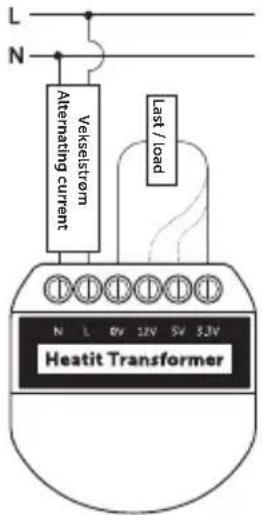 L N Vekselstrom Alternating current Last / load N L 0V 12V 5V 5.2V Heatit Transformer