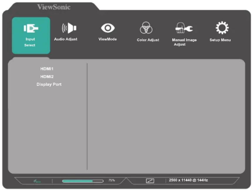 ViewSonic Input Select Audio Adjust ViewMode Color Adjust Manual Image Adjust Setup Menu HDMI1 HDMI2 Display Port 75% 2560 x 11440 @ 144Hz