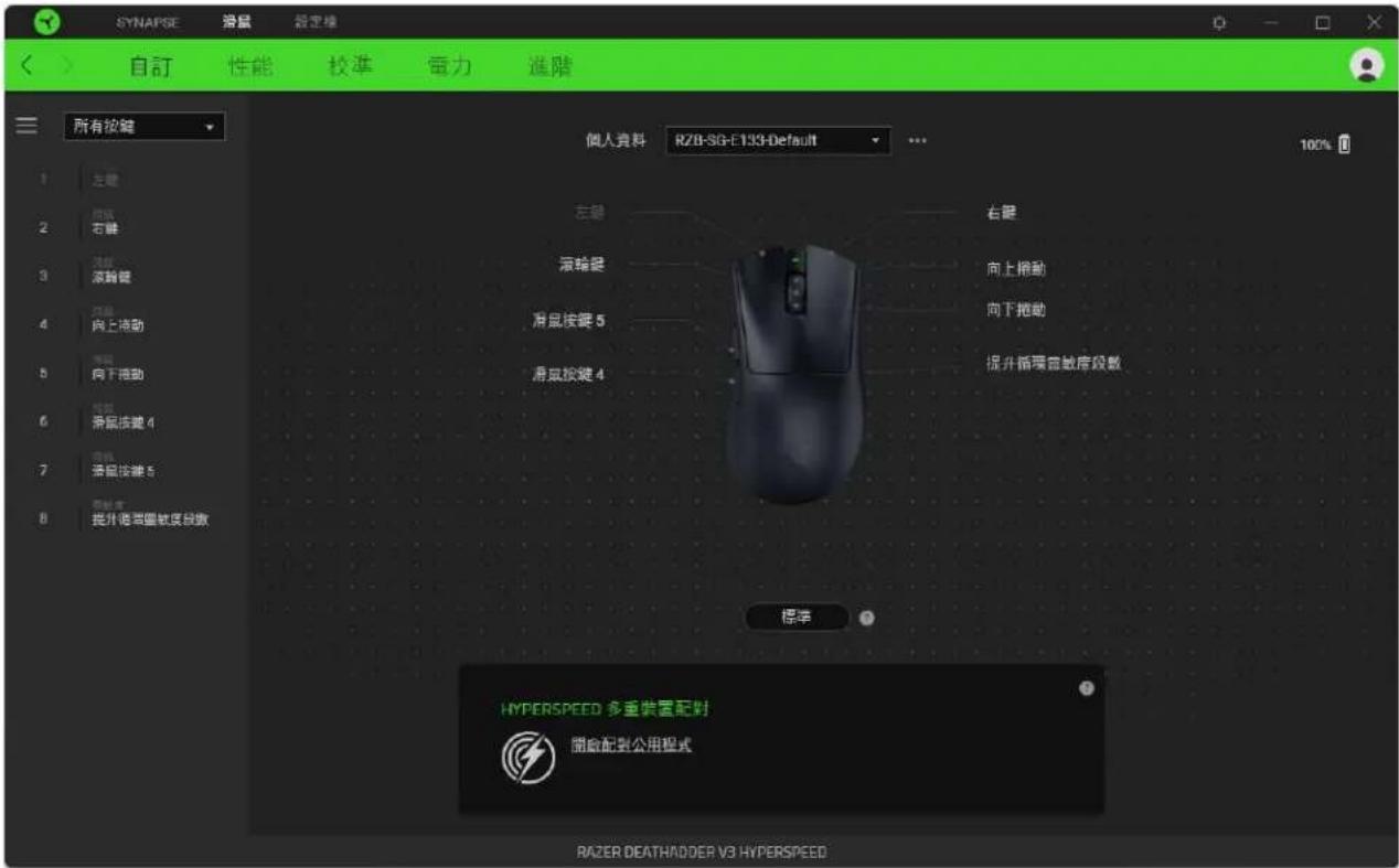 SYNAPSE 液晶 設定機 自訂 性能 校準 電力 進階 所有按键 個人資料 RZB-SG-E133-Default 100% 左臂 右臂 浪輪键 向上拖動 液晶按键 5 向下拖動 液晶按键 4 液晶按键 5 提升循環窗敏度段數 液晶按键 4 向下拖動 向上拖動 向下拖動 提升循環窗敏度段數 標準 HYPERSPEED 多重裝置配對 開啟配對公用程式 RAZER DEATHADDER V3 HYPERSPEED