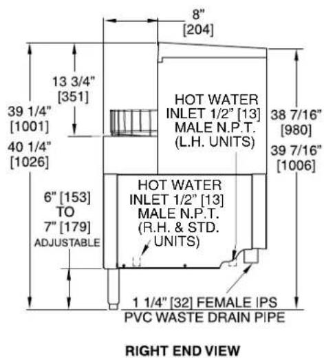 8" [204] 13 3/4" [351] 39 1/4" [1001] 40 1/4" [1026] 6" [153] TO 7" [179] ADJUSTABLE HOT WATER INLET 1/2" [13] MALE N.P.T. (L.H. UNITS) HOT WATER INLET 1/2" [13] MALE N.P.T. (R.H. & STD. UNITS) 1 1/4" [32] FEMALE IPS PVC WASTE DRAIN PIPE 38 7/16" [980] 39 7/16" [1006] RIGHT END VIEW