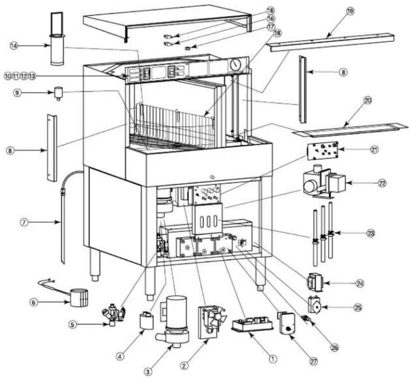 Technical diagram of an industrial machine with numbered components for identification and assembly reference.