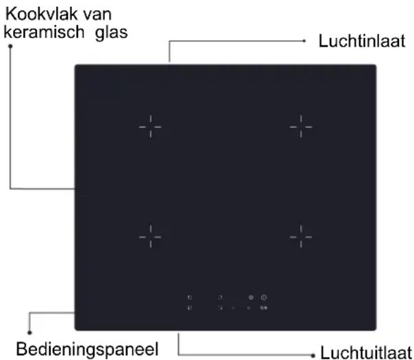 Kookvlak van keramisch glas Luchtinlaat Bedieningspaneel Luchtuitlaat