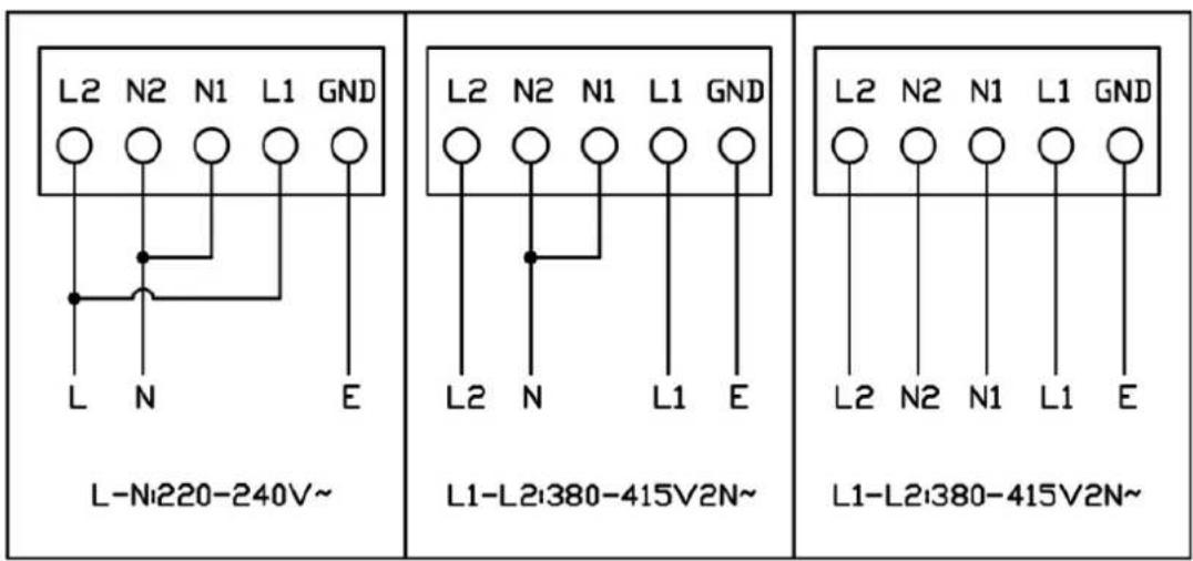 L-Ni220-240V~ L2 N2 N1 L1 GND L N E L2 N2 N1 L1 GND L2 N L1 E L1-L2380-415V2N~ L2 N2 N1 L1 GND L2 N2 N1 L1 E L1-L2380-415V2N~