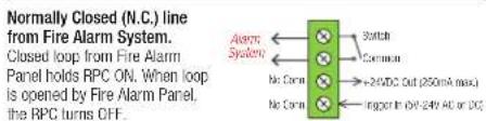 Normally Closed (N.C.) line from Fire Alarm System. Closed loop from Fire Alarm Panel holds RPC ON. When loop is opened by Fire Alarm Panel, the RPC turns OFF.
