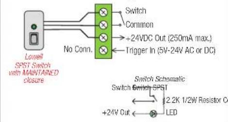 Lowell SPST Switch with MAINTAINED closure No Conn. Switch Common +24VDC Out (250mA max.) Trigger In (5V-24V AC or DC) Switch Schematic Switch SPST +2.2K 1/2W Resistor Co +24V Out LED