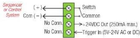 Sequencer or Control System ( + ) Com ( - ) No Conn. Switch Common +24VDC Out (250mA max.) Trigger In (5V-24V AC or DC)