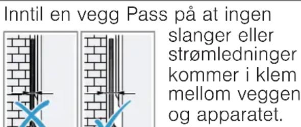 Inntil en vegg Pass på at ingen slanger eller strømledninger kommer i klem mellom veggen og apparatet.