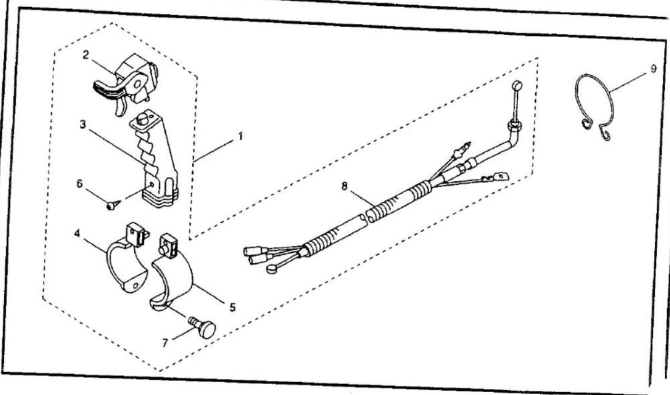 Technical diagram of mechanical components with numbered parts, including clamps, brackets, and a hanging ring.