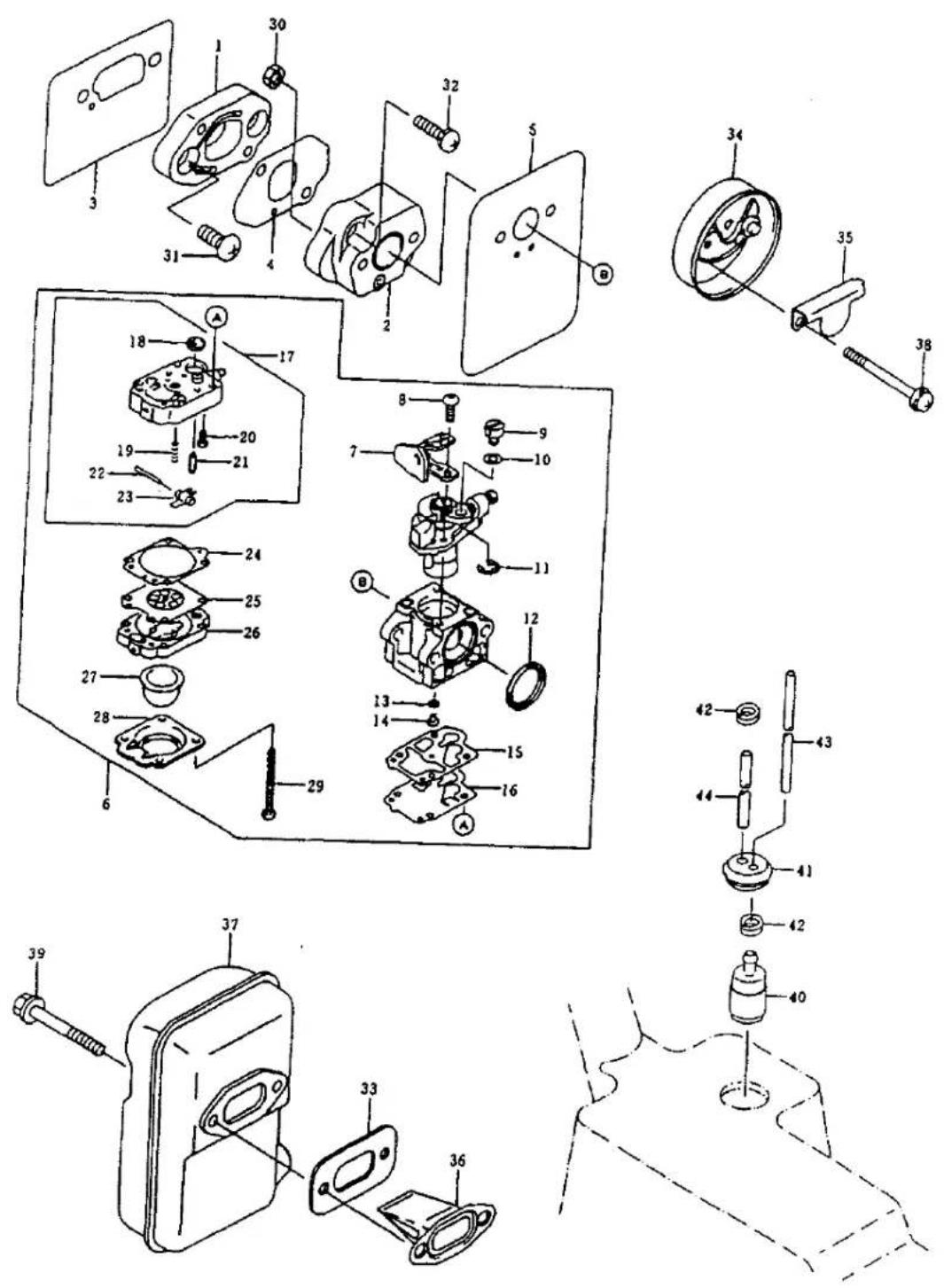 Exploded view diagram of a mechanical assembly with numbered parts for identification