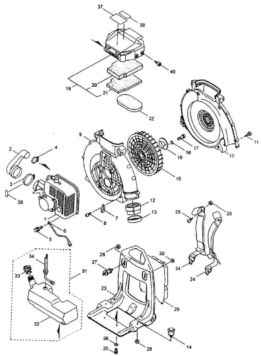 Exploded view diagram of a mechanical device with numbered parts for identification