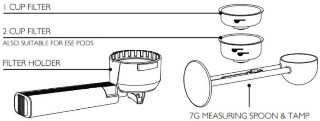 1 CUP FILTER 2 CUP FILTER ALSO SUITABLE FOR ESE PODS FILTER HOLDER 7G MEASURING SPOON & TAMP