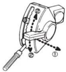 Technical diagram of a mechanical clamp or lever mechanism with labeled parts and directional arrows