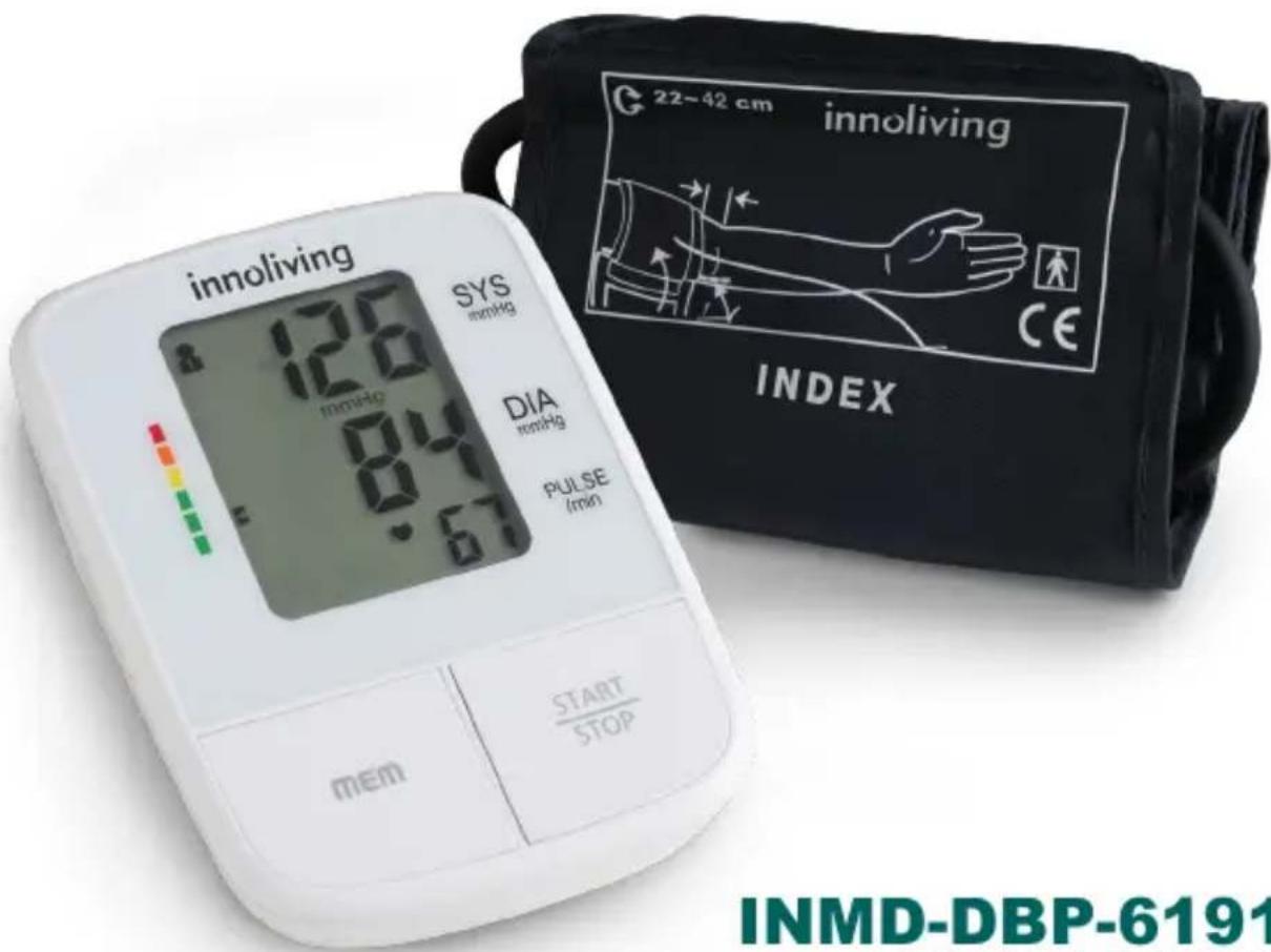 innoliving SYS mmHg 126 mmHg 84 67 DIA mmHg PULSE /min MEM START /STOP 22-42 cm innoliving INDEX INMD-DBP-6191