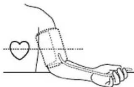 Medical diagram showing a hand performing a heart valve with measurement markings and a heart symbol
