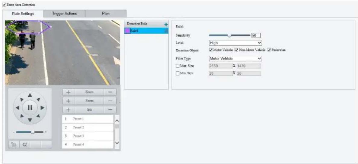 Enter Area Detection Rule Settings Trigger Actions Plan Detection Rule Rule1 Rule2 Sensitivity 50 Level High Detection Object ☑ Motor Vehicle ☑ Non-Motor Vehicle ☑ Pedentrian Filter Type: Motor Vehicle Max. Size: 2559 X 1439 Min. Size: 26 X 26 Zoom Focus Iris 1 Print 1 2 Print 2 3 Print 3 4 Print 4