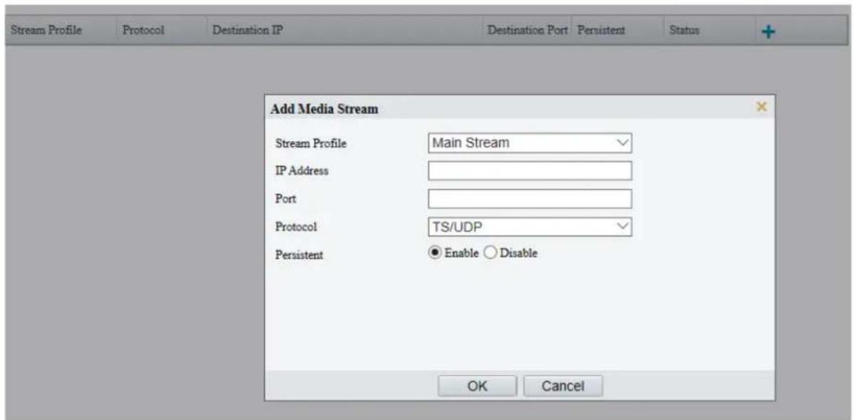 Stream Profile Protocol Destination IP Destination Port Persistent Status Add Media Stream Stream Profile Main Stream IP Address Port Protocol TS/UDP Persistent ● Enable ○ Disable OK Cancel