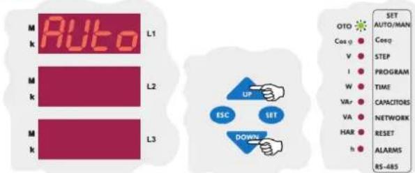 AUTO L1 M k L2 M k L3 UP SET DOWN OTO COG V I W VRr VA HAR h SET AUTO/MAN COG STEP PROGRAM TIME CAPACITORS NETWORK RESET ALARMS RS-485