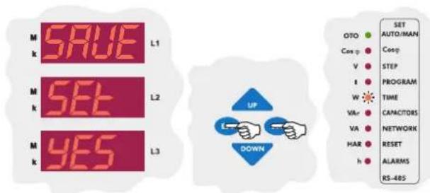 M SAVE L1 k k M SET L2 M YES L3 UP DOWN OTO ● SET AUTO/MAN COmp ● Comp V ● STEP I ● PROGRAM W ● TIME VAR ● CAPACITORS VA ● NETWORK HAR ● RESET h ● ALARMS RS-48S