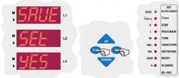 SAVE L1 SET M YES L2 M k UP DOWN SET AUTO/MAN OTO Coop V STEP I PROGRAM W TIME VR CAPACITORS VA NETWORK HAR RESET h ALARMS RS-485