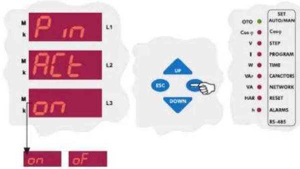 M P in L1 M ACT L2 M on L3 on of SET AUTO/MAN OTO Coop V I W VAr VA HAR h AUTO/MAN Coop STEP PROGRAM TIME CAPACITORS NETWORK RESET ALARMS RS-485