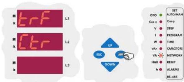 M trF L1 M tr L2 M k L3 UP ESC DOWN SET AUTO/MAN OTO Cos φ Casp V STEP I PROGRAM W TIME VA- CAMACITORS VA NETWORK HAR RESET h ALARMS RS-485