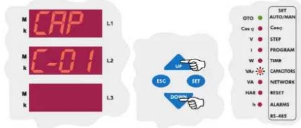 CAP L1 C-01 L2 UP SET DOWN AUTO/MAN Cos q Cosq V STEP I PROGRAM W TIME VAR CAMOTORS VA NETWORK HAR RESET h ALARMS RS-485