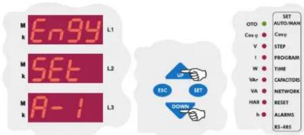 M En9y L1 M SET L2 M A-1 L3 SET OTO ● AUTO/MAN Cesp ● Cesp V ● STEP I ● PROGRAM W ● TIME VAR ● CAPACITORS VA ● NETWORK HAR ● RESET h ● ALARMS RS-485