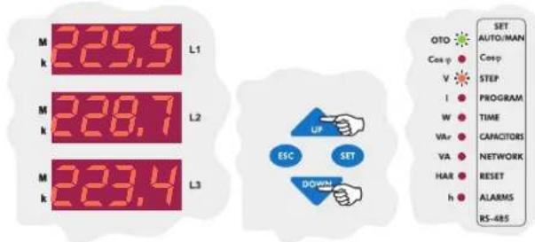 M 225.5 L1 k M 228.7 L2 M 223.4 L3 SET AUTO/MAN OTO Coop Coop V STEP I PROGRAM W TIME VA CAPACITORS VA NETWORK HAR RESET h ALARMS RS-485