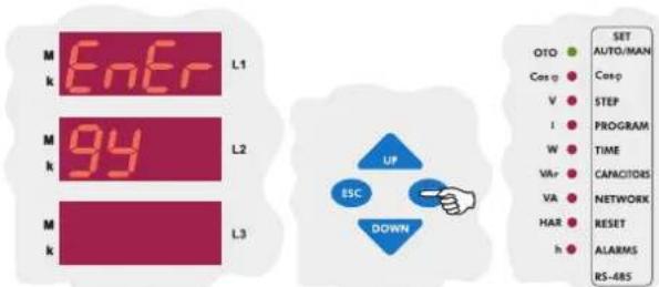 M EnEr L1 M 9y L2 M L3 UP ESC DOWN SET AUTO/MAN QTO Cos η V I W VRr VA HAR h SET AUTO/MAN Cos η V I W VRr VA HAR h SET AUTO/MAN Cos η V I W WR VAR VA HAR h SET AUTO/MAN Cos η V I W WR VAR VA HAR H h SET AUTO/MAN Cos η V I W WR VAR VA HAR H h