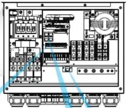 Technical diagram of an electrical control panel with labeled components and wiring connections