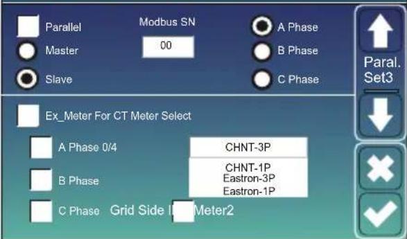 Parallel Modbus SN A Phase Master 00 B Phase Slave C Phase Ex_Meter For CT Meter Select A Phase 0/4 CHNT-3P B Phase CHNT-1P C Phase Grid Side Ia Meter2 Eastron-3P Eastron-1P Paral. Set3