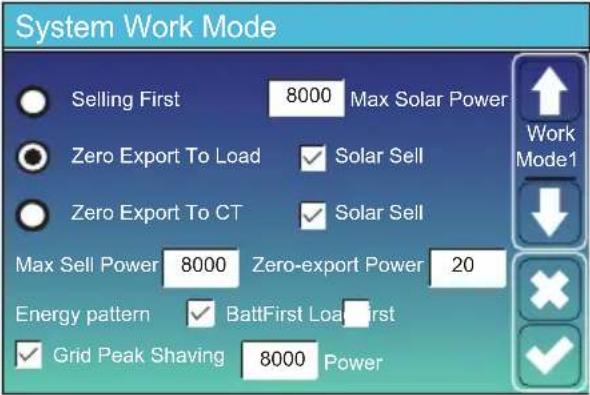System Work Mode Selling First 8000 Max Solar Power Zero Export To Load ✓ Solar Sell Zero Export To CT ✓ Solar Sell Max Sell Power 8000 Zero-export Power 20 Energy pattern ✓ BattFirst Loa First ✓ Grid Peak Shaving 8000 Power