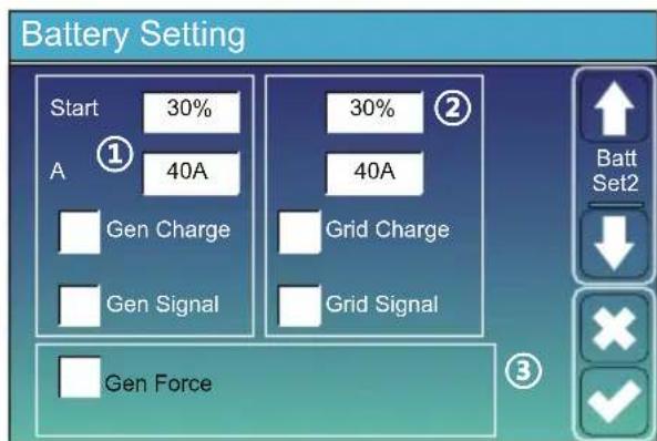 Battery Setting Start 30% A 40A Gen Charge Grid Charge Gen Signal Grid Signal Gen Force 30% 2 40A Batt Set2 ✓