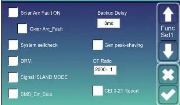 Solar Arc Fault ON Clear Arc_Fault System selfcheck DRM Signal ISLAND MODE BMS_Err_Stop Backup Delay 0ms Gen peak-shaving CT Ratio 2000: 1 CEI 0-21 Report Func Set1
