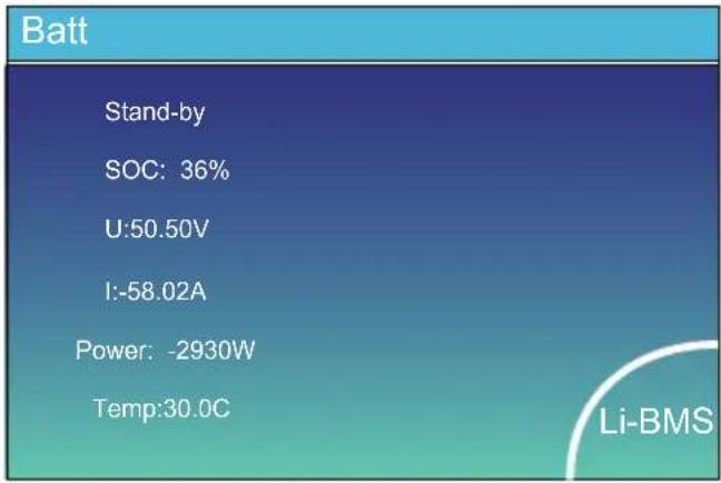 Batt Stand-by SOC: 36% U:50.50V I:-58.02A Power: -2930W Temp:30.0C Li-BMS