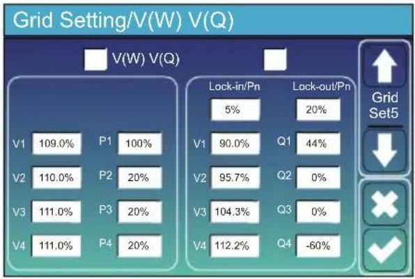 Grid Setting/V(W) V(Q) V(W) V(Q) V1 109.0% P1 100% V2 110.0% P2 20% V3 111.0% P3 20% V4 111.0% P4 20% Lock-in/Pn 5% Lock-out/Pn 20% V1 90.0% Q1 44% V2 95.7% Q2 0% V3 104.3% Q3 0% V4 112.2% Q4 -60% Grid Set5 ↓ × ✓