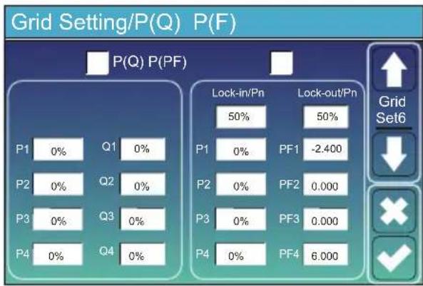 Grid Setting/P(Q) P(F) P(Q) P(PF) P1 0% Q1 0% P2 0% Q2 0% P3 0% Q3 0% P4 0% Q4 0% Lock-in/Pn 50% Lock-out/Pn 50% 50% P1 0% PF1 -2.400 P2 0% PF2 0.000 P3 0% PF3 0.000 P4 0% PF4 6.000 Grid Set6 ↓ × ✓