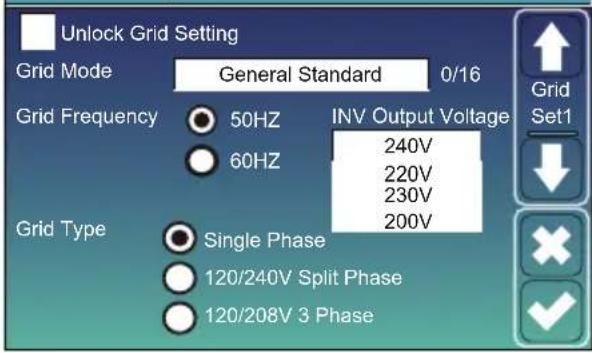 Unlock Grid Setting Grid Mode General Standard 0/16 Grid Frequency 50HZ INV Output Voltage 60HZ 240V 220V 230V 200V Grid Type Single Phase 120/240V Split Phase 120/208V 3 Phase