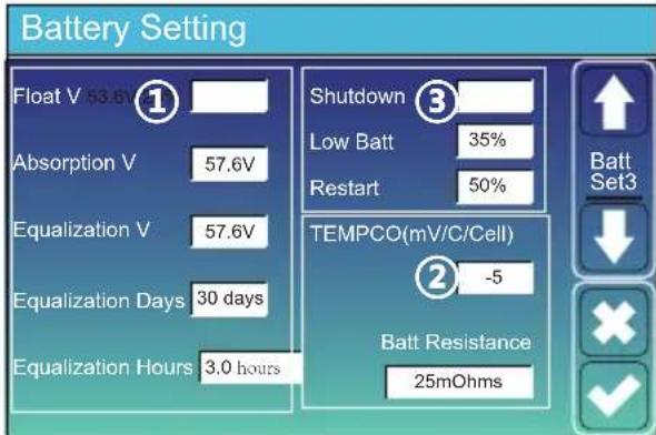 Battery Setting Float V 53.6 Absorption V 57.6V Equalization V 57.6V Equalization Days 30 days Equalization Hours 3.0 hours Shutdown Low Batt 35% Restart 50% TEMPCO(mV/C/Cell) -5 Batt Resistance 25mOhms Batt Set3 ✓