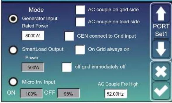 Mode Generator Input Rated Power 8000W AC couple on grid side AC couple on load side GEN connect to Grid input SmartLoad Output Power 500W On Grid always on off grid immediately off Micro Inv Input ON 100% OFF 95% AC Couple Fre High 52.00Hz PORT Set1