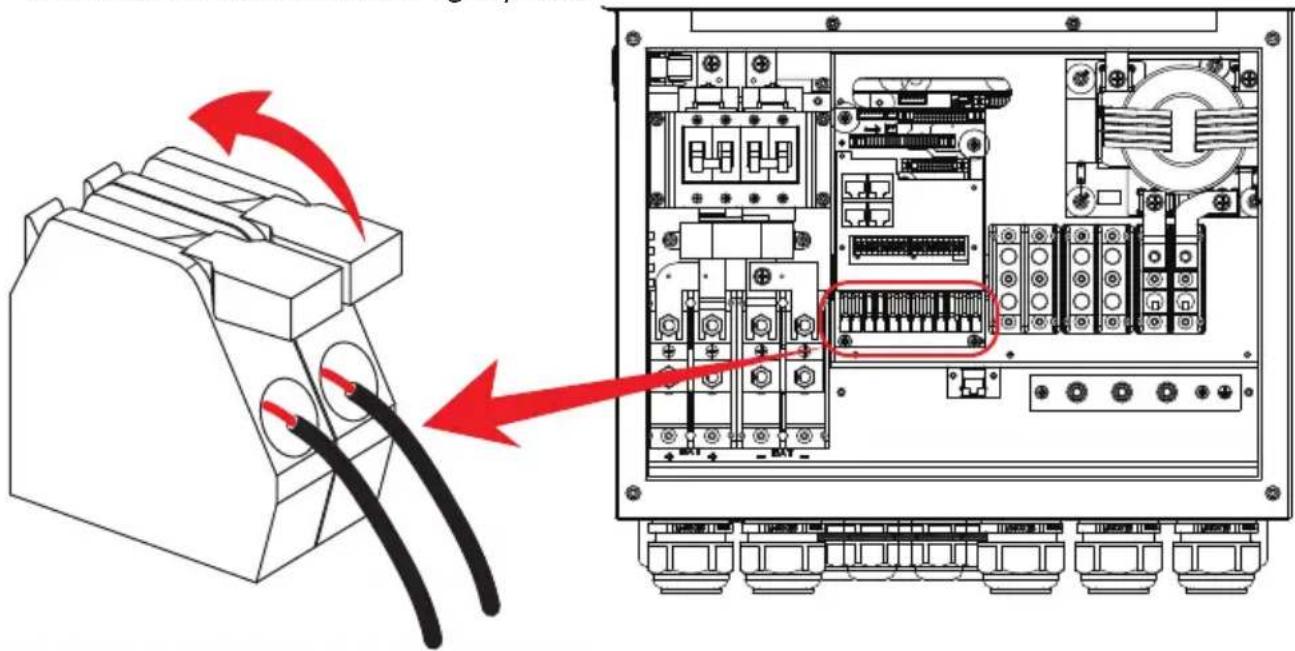 Technical diagram showing cable connection to an electrical enclosure with red arrows indicating cable direction and a magnified inset highlighting internal components.