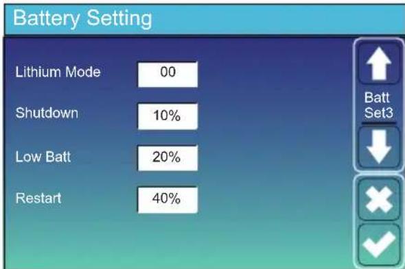Battery Setting Lithium Mode 00 Shutdown 10% Low Batt 20% Restart 40% Batt Set3